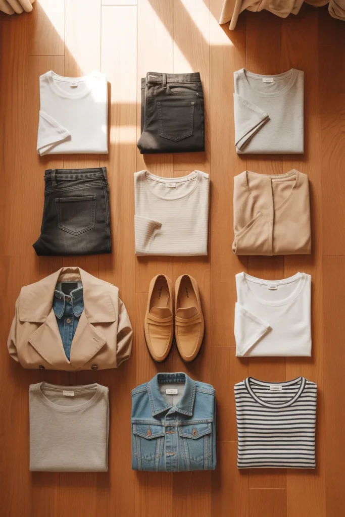 15 essential capsule wardrobe pieces under $200 laid out for outfit planning