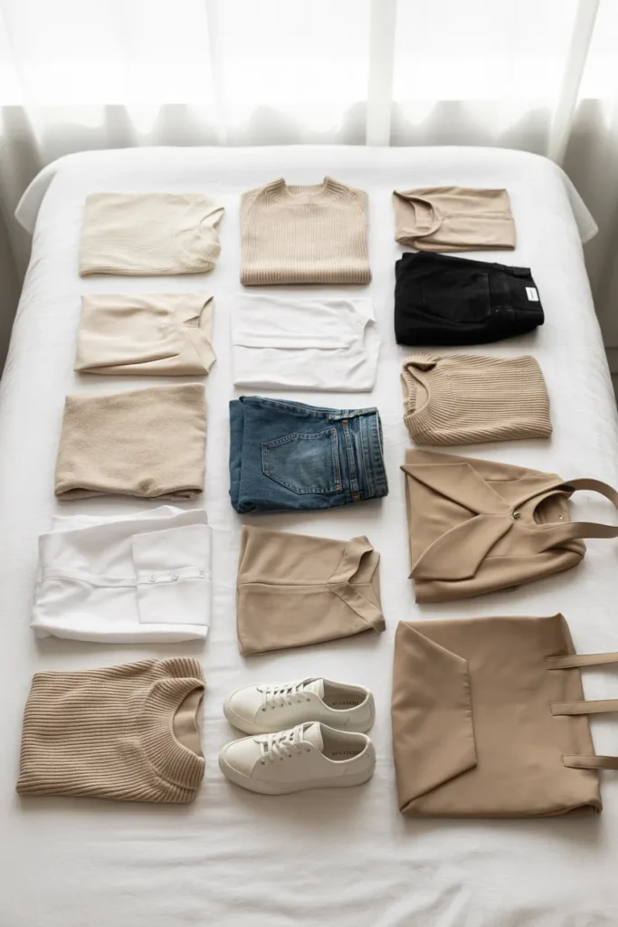 20 piece capsule wardrobe flat lay with neutral mix and match clothing pieces arranged on white background