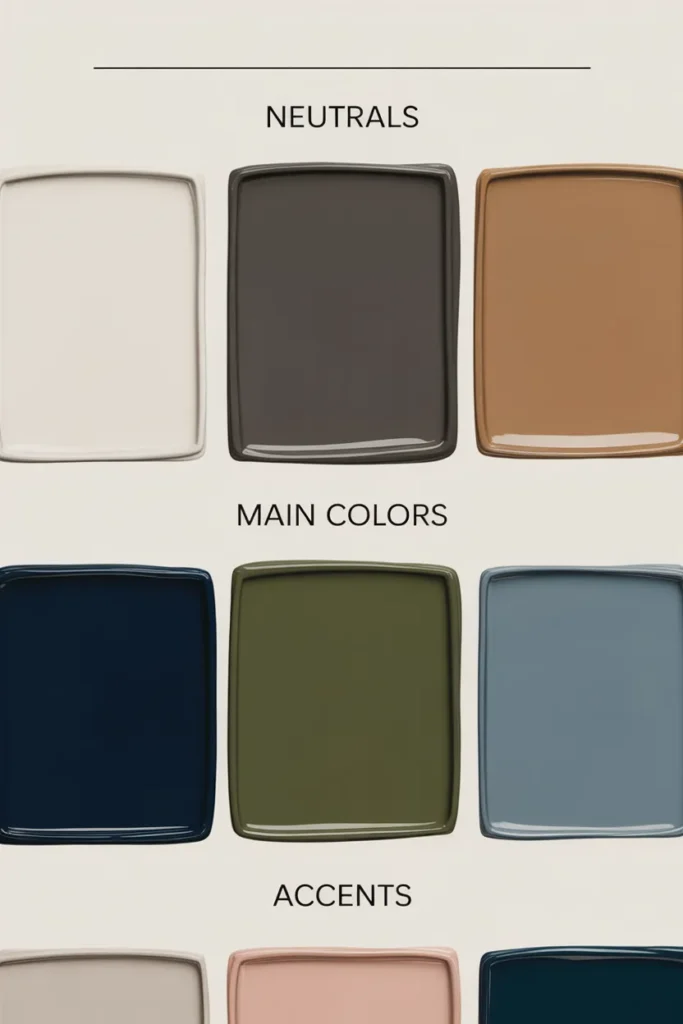 3-7-2 capsule wardrobe color palette chart with neutrals, main colors, and accents on cream background.