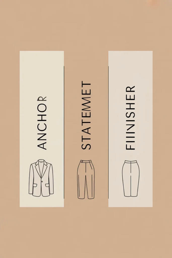 3-layer outfit math chart with anchor, statement, and finisher pieces for outfit formulas.