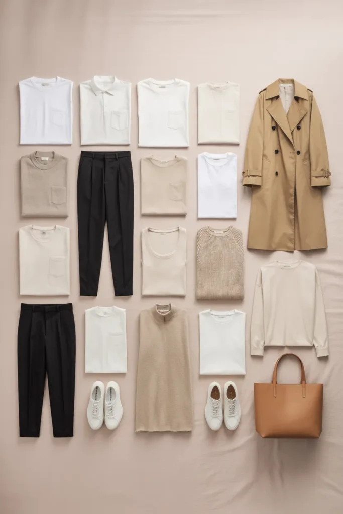 33 item capsule wardrobe flat lay with neutral minimalist clothing essentials