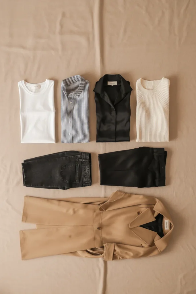 4-2-1 travel capsule wardrobe layout with 4 tops 2 bottoms and 1 layering piece