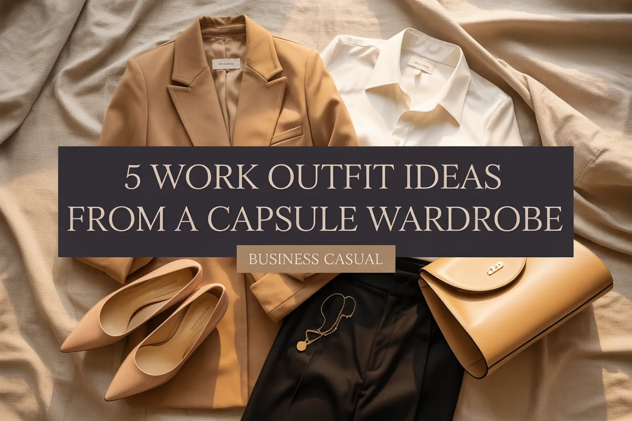 5 work outfit ideas from a capsule wardrobe business casual featured image with styled flat lay of office wardrobe essentials