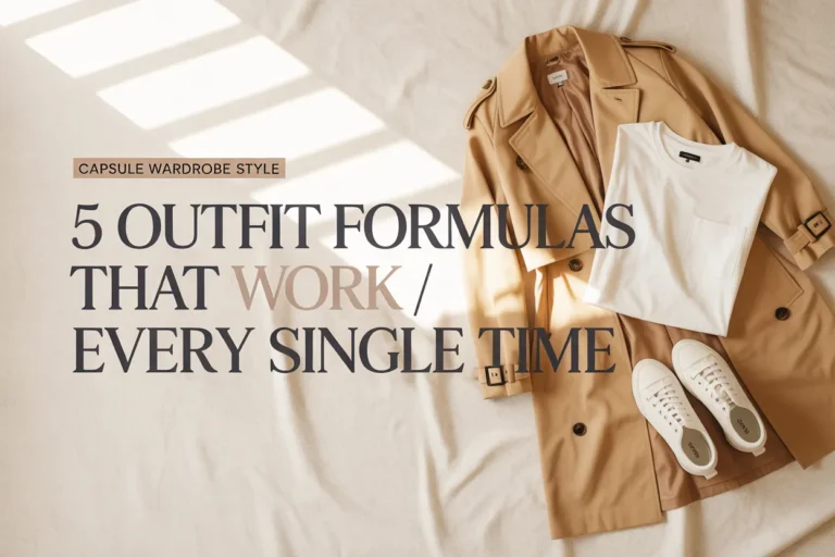 Pinterest pin showing camel trench coat, white tee, and sneakers flat lay for 5 outfit formulas guide.