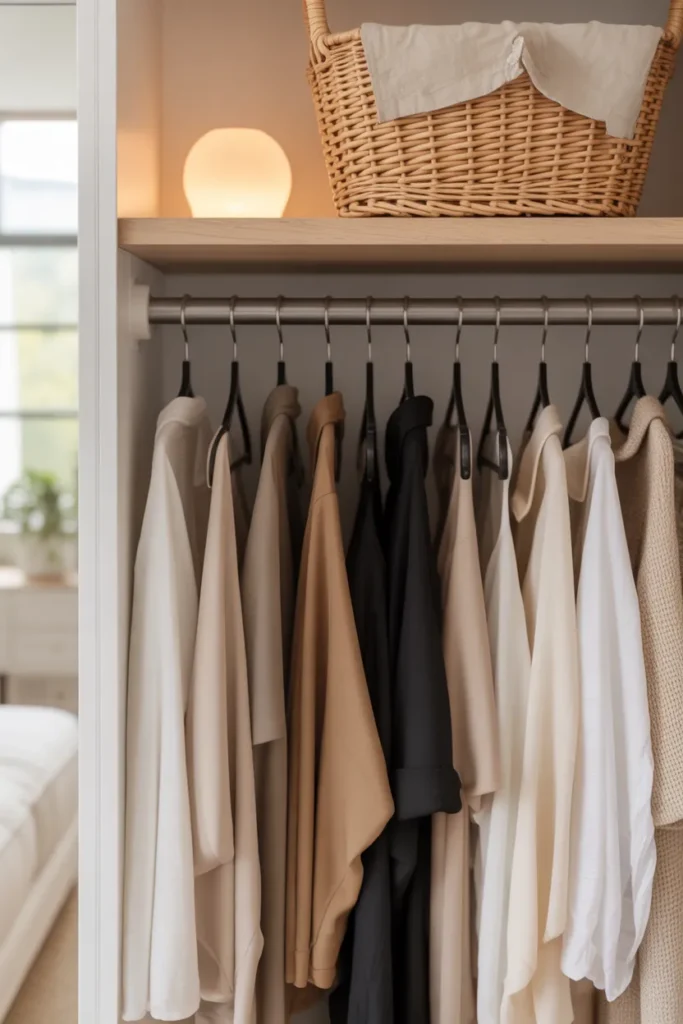 Aesthetic small closet organization with matching hangers and linen basket