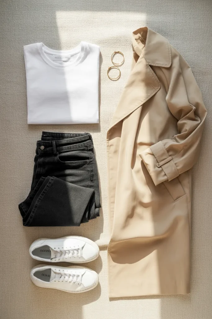 Affordable capsule wardrobe flat lay featuring neutral basics under $200 for women