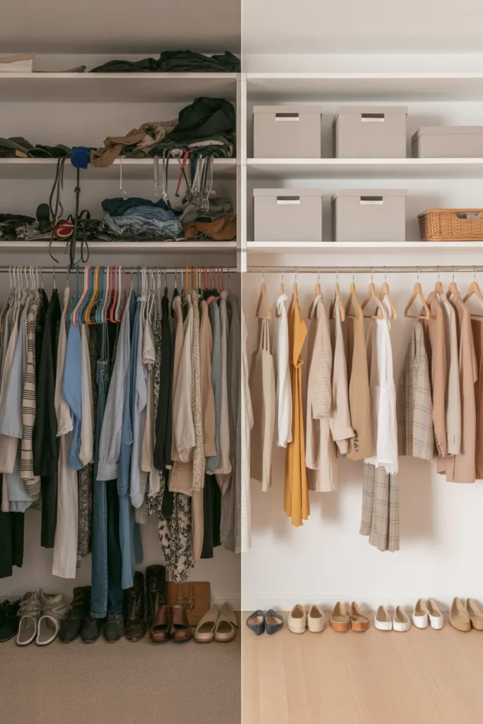Before and after capsule wardrobe closet organization — from cluttered chaos to 25 curated spring pieces