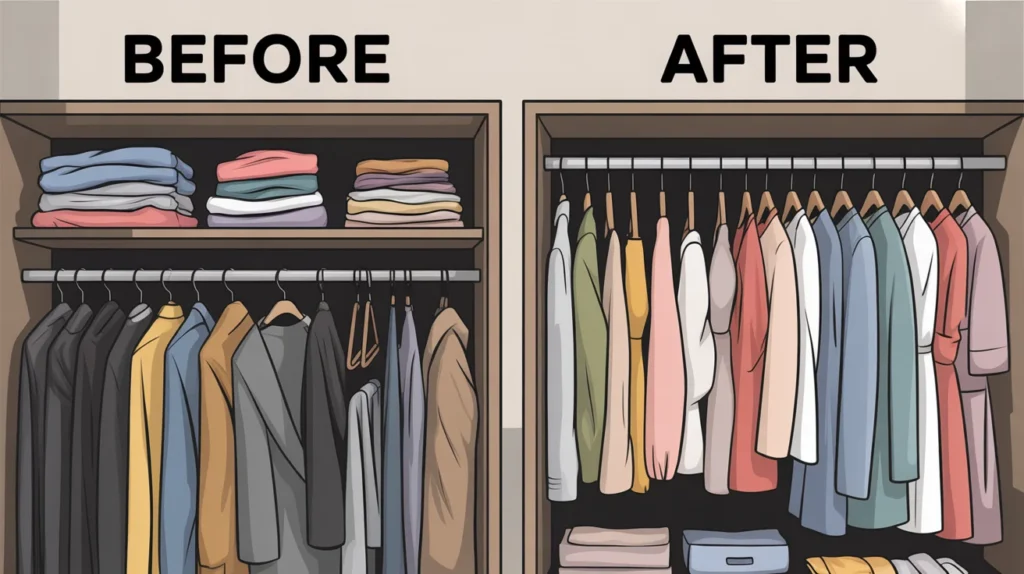 Before and after comparison of a cluttered closet versus an organized capsule wardrobe