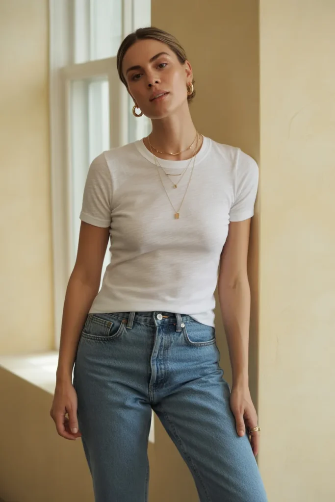 Best white t-shirt for women Uniqlo Supima crew neck styled with high waist jeans capsule wardrobe