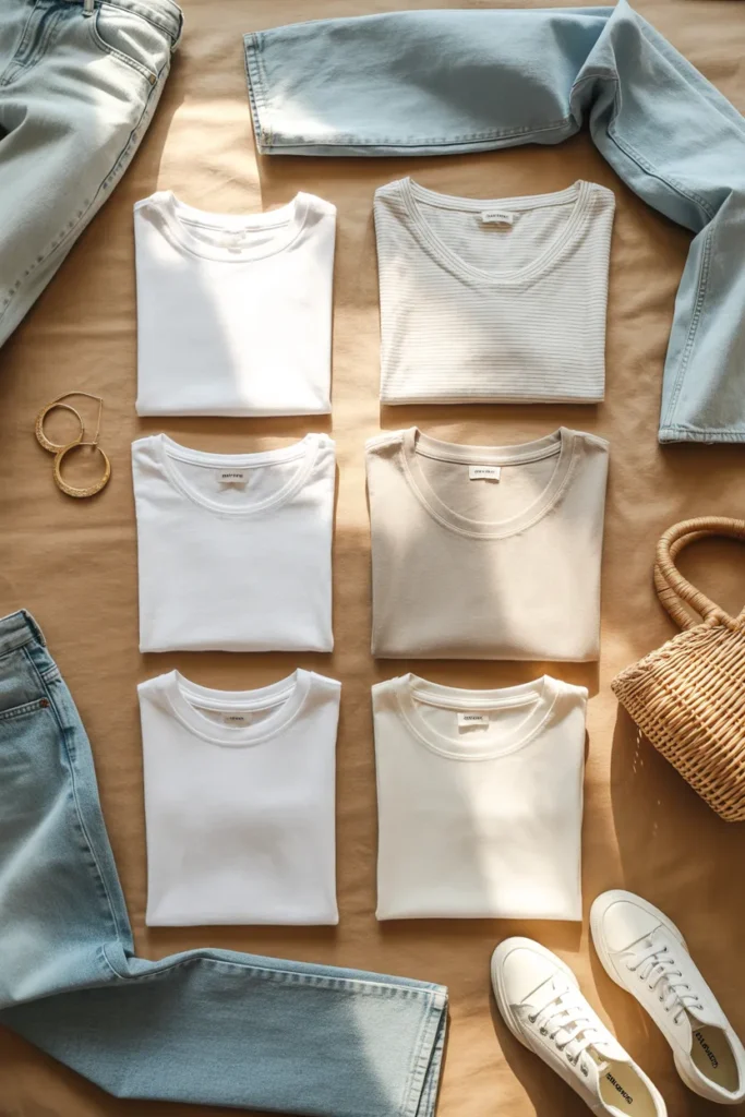 Best white t-shirts for women 2026 flat lay featuring different fits and capsule wardrobe basics