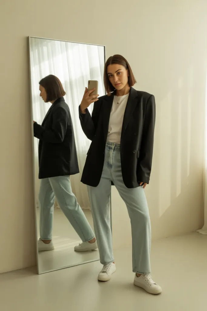 Black blazer with white tee and light wash jeans outfit formula for everyday wear.