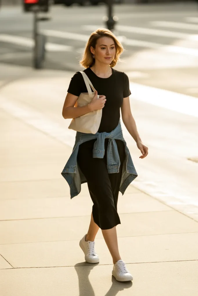 Black midi dress with white sneakers and denim jacket easy outfit formula for spring.