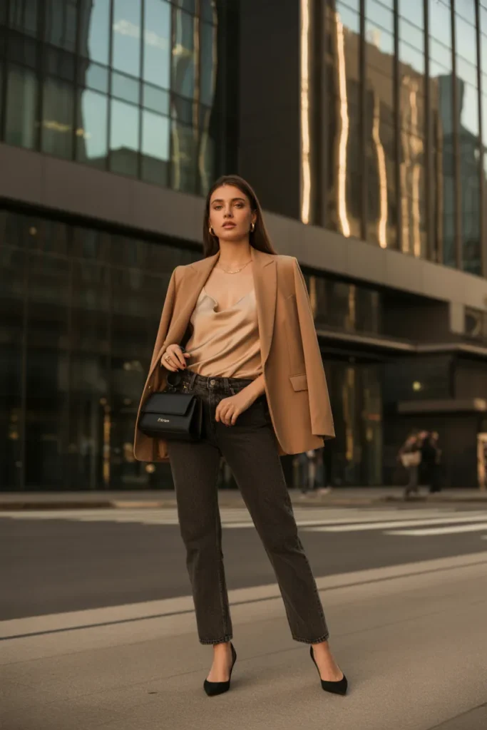  Blazer and silk cami with jeans date night outfit capsule wardrobe office to evening