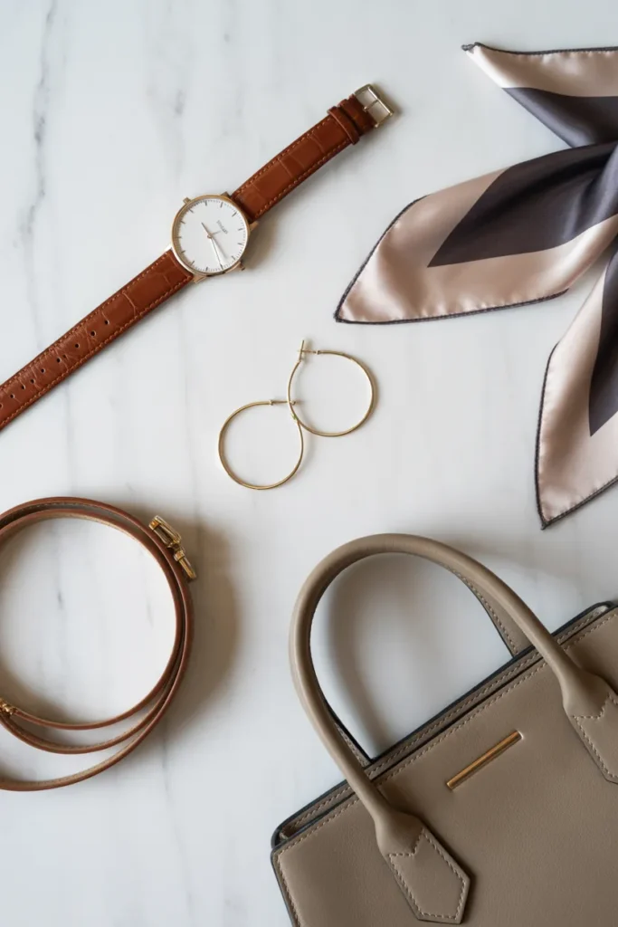 Business casual accessories flat lay for capsule wardrobe work outfits