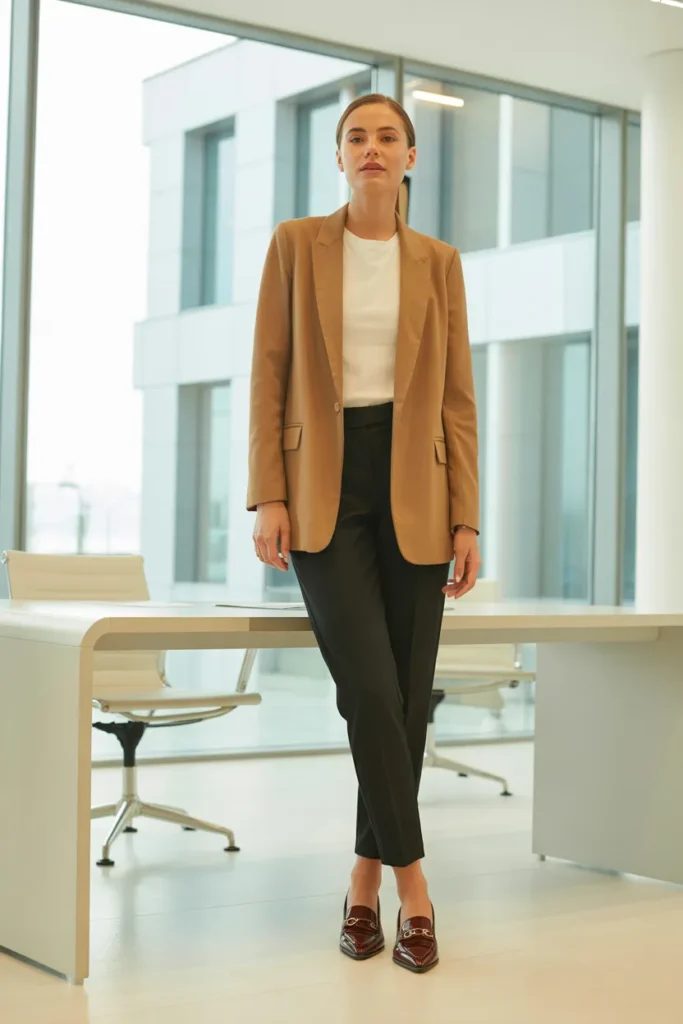 Business casual work outfit idea camel blazer with white tee and black tailored trousers
