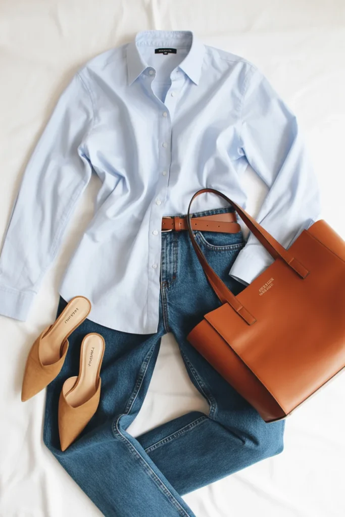  Button-down shirt tucked into high-waisted jeans — versatile everyday outfit idea from capsule wardrobe