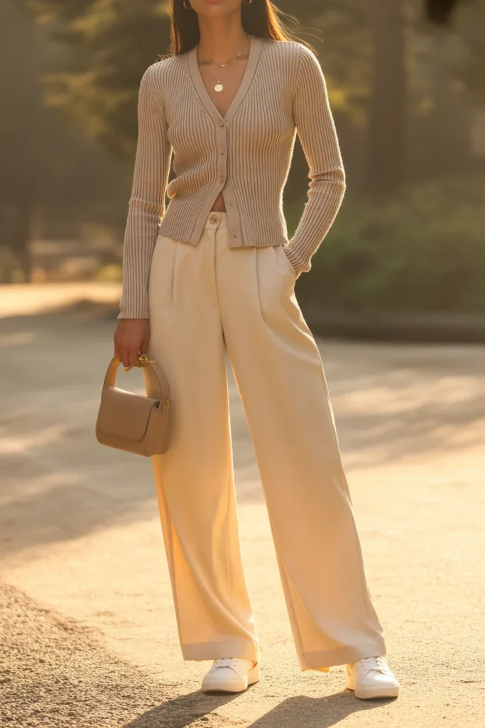  Buttoned cardigan worn as top with wide-leg pants — trendy capsule wardrobe outfit idea