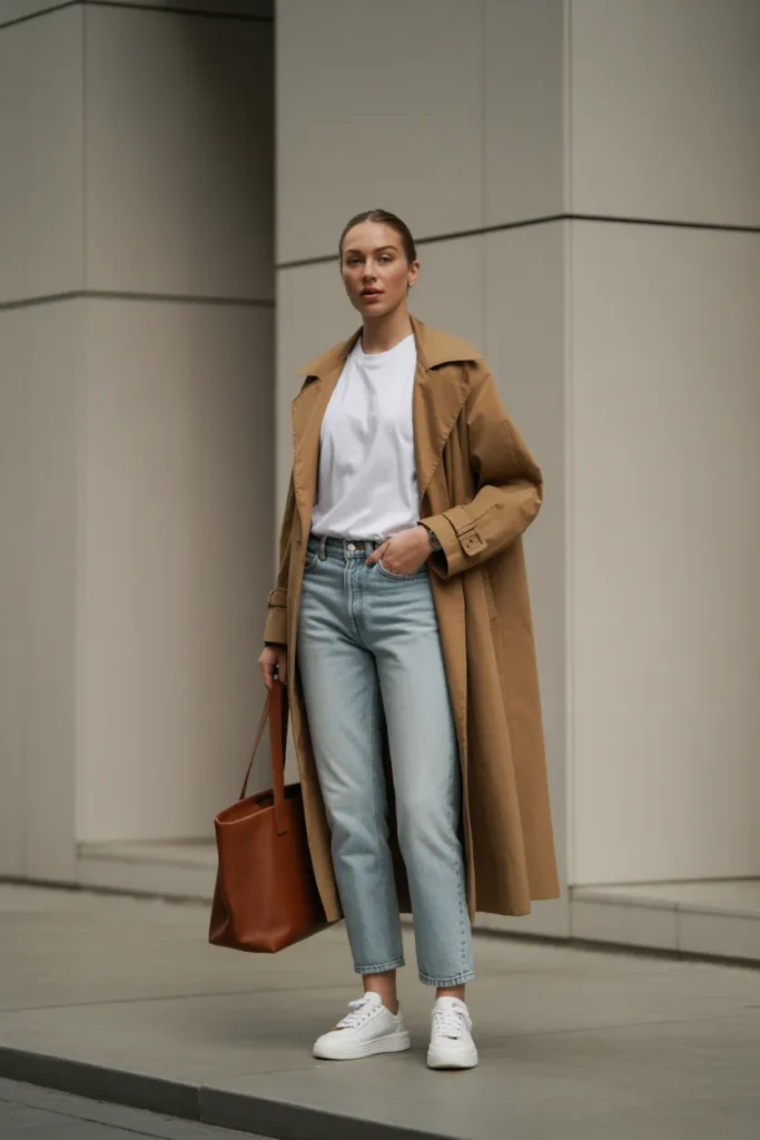 Camel trench third piece outfit formula with white tee and straight-leg jeans for fall.