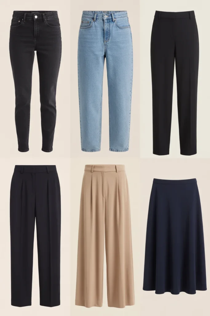 Capsule wardrobe checklist bottoms — essential jeans, trousers, and skirts for a minimalist closet