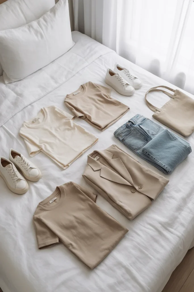 Capsule wardrobe checklist flat lay showing essential clothing pieces for a minimalist closet