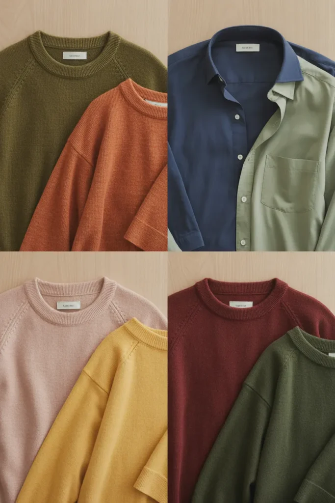 Capsule wardrobe color palette mood board with earthy, cool, soft, and rich main color combinations on wood.