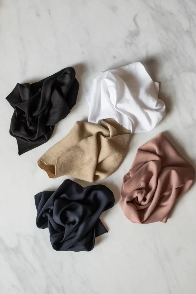  Capsule wardrobe color palette mood board with neutral and accent fabric swatches for mix and match outfit planning