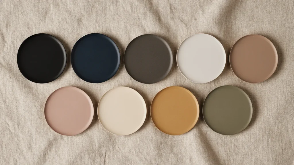 Capsule wardrobe color palette showing neutral base colors and accent shades for mix and match outfits