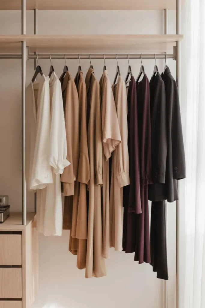 Capsule wardrobe date night essentials hanging in an organized minimalist closet