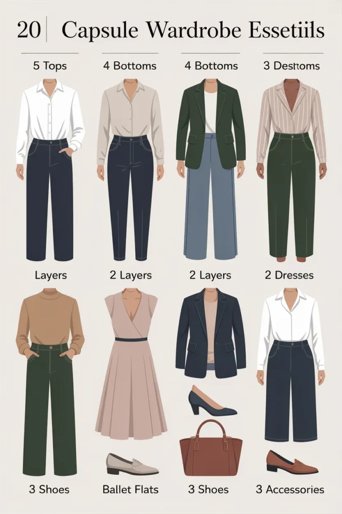 Capsule wardrobe essentials infographic showing 20 mix and match pieces organized by category for building outfit combinations