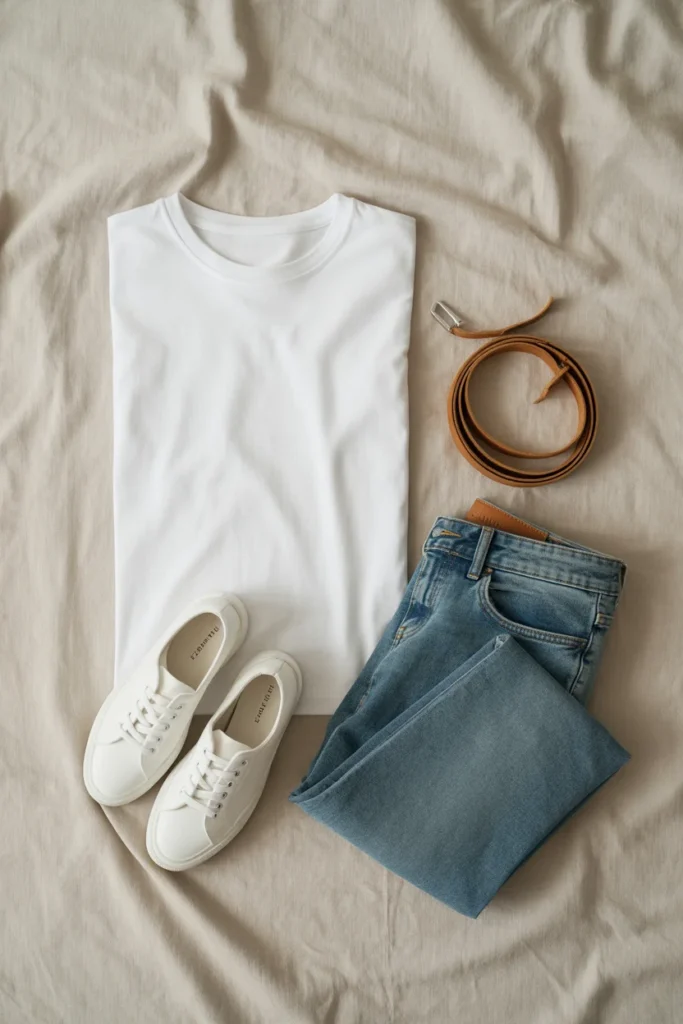 Capsule wardrobe everyday outfit idea — white t-shirt with straight-leg jeans and white sneakers flat lay