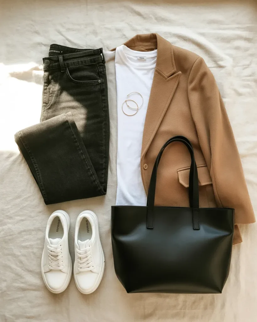 Capsule wardrobe flat lay showing how to style jeans with a white tee, camel blazer, and white sneakers