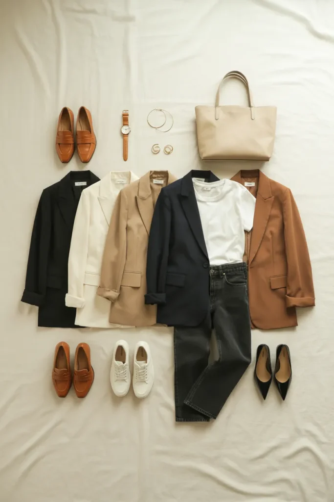  Capsule wardrobe flat lay with blazer outfits essentials for learning how to style a blazer in 2026.