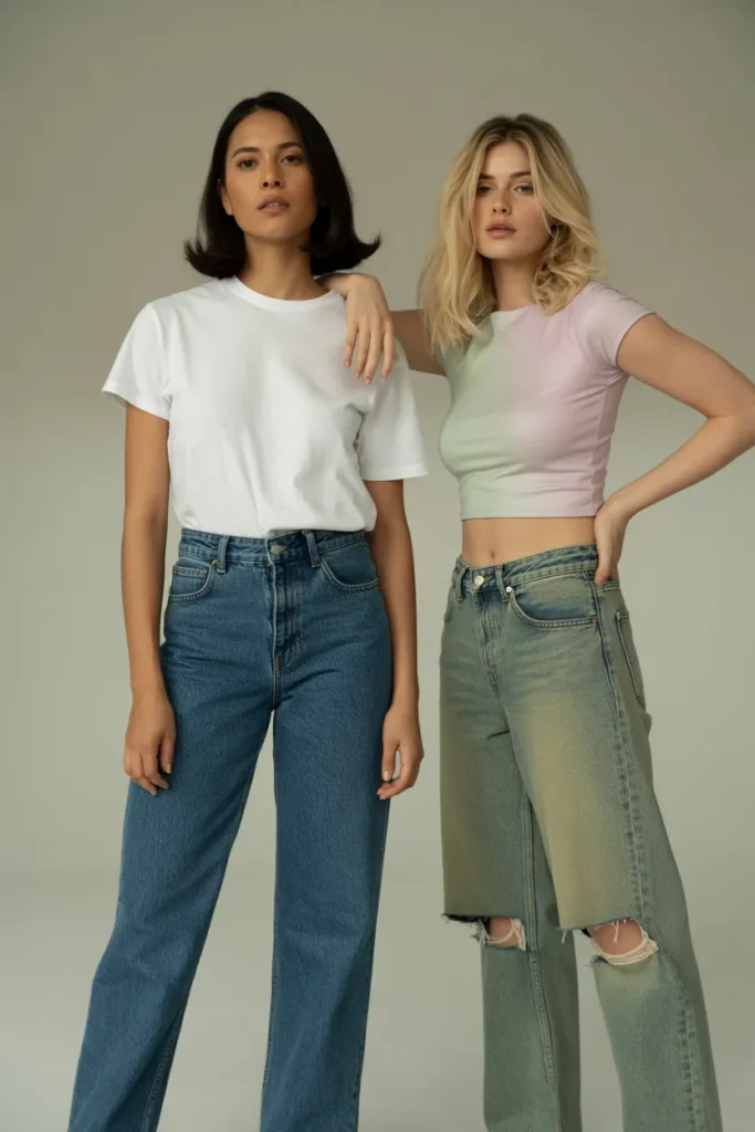 Capsule wardrobe jeans versus trendy jeans comparison showing timeless versus short-lived denim investment pieces