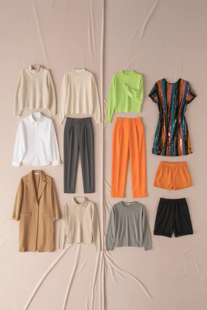 Capsule wardrobe mix and match do's and don'ts flat lay comparison showing coordinated versus clashing outfit pieces