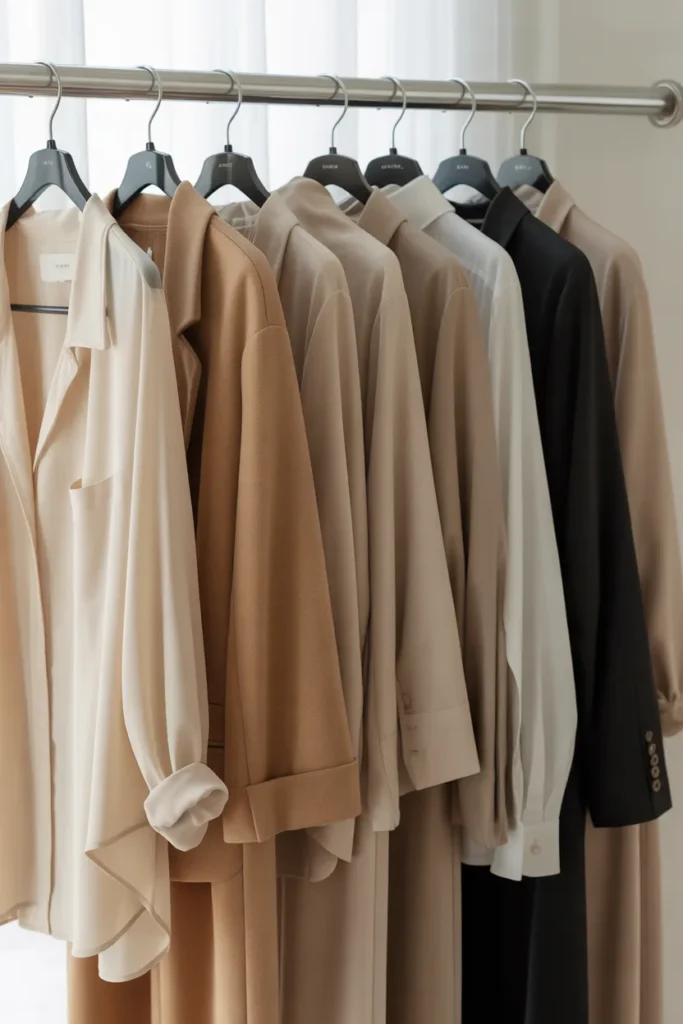 Capsule wardrobe organized by outfit formula on slim velvet hangers in a small closet
