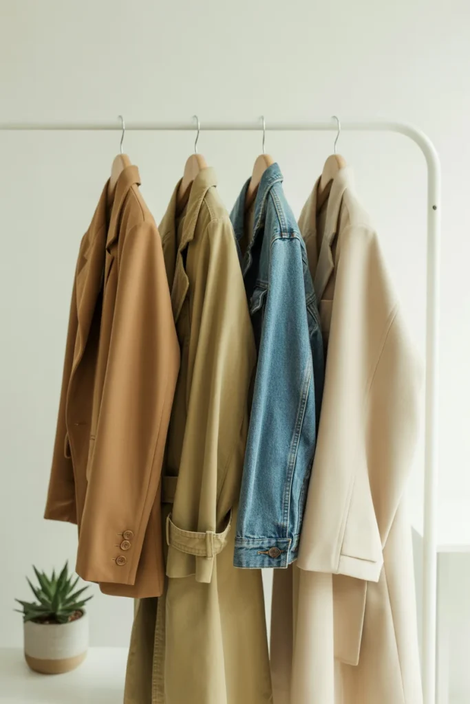 Capsule wardrobe outerwear essentials hanging on a minimal clothing rack — closet checklist must-haves