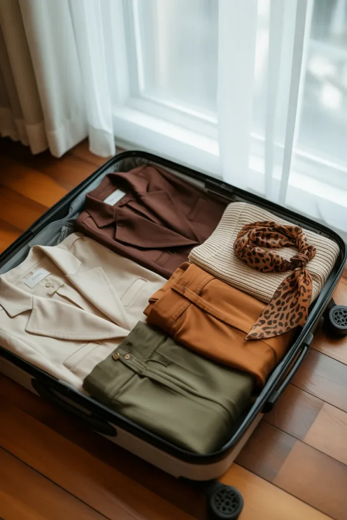 Carry-on capsule travel wardrobe packed in ivory, chocolate, olive, and rust palette with leopard scarf accent.