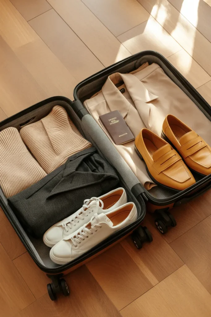 Carry-on capsule wardrobe packing flat lay with outfit formula staples for travel.