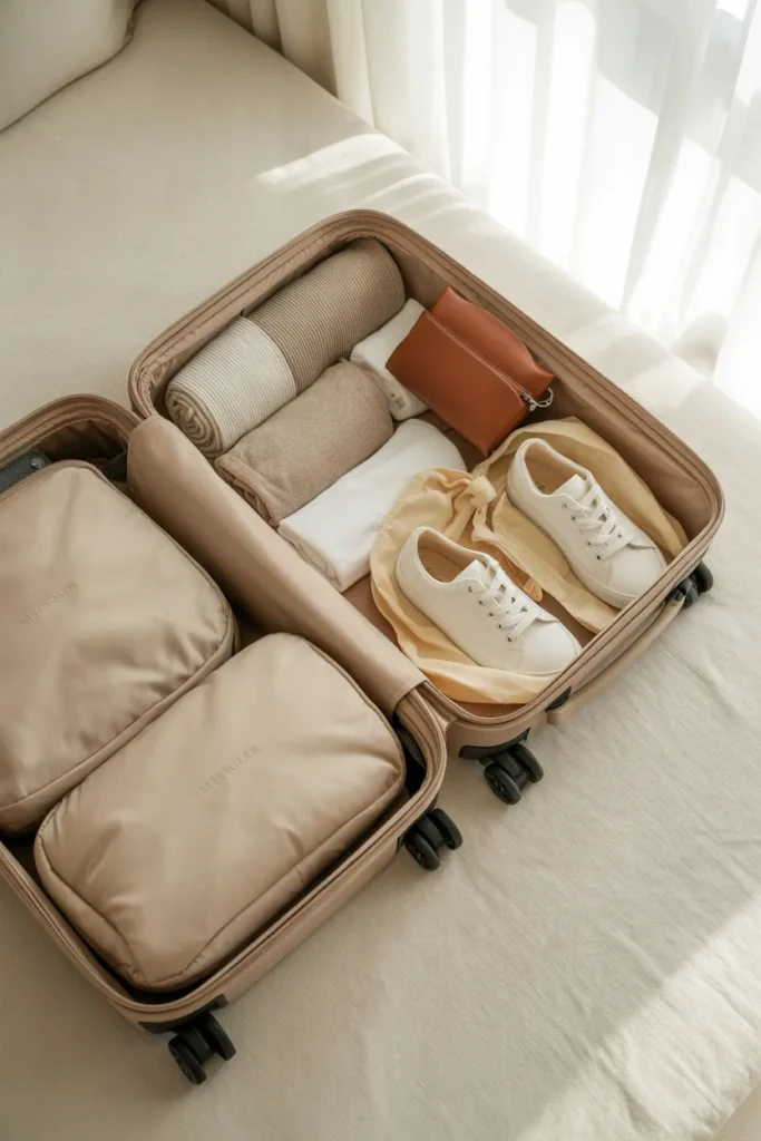 Carry-on suitcase packed with travel capsule wardrobe in neutral packing cubes