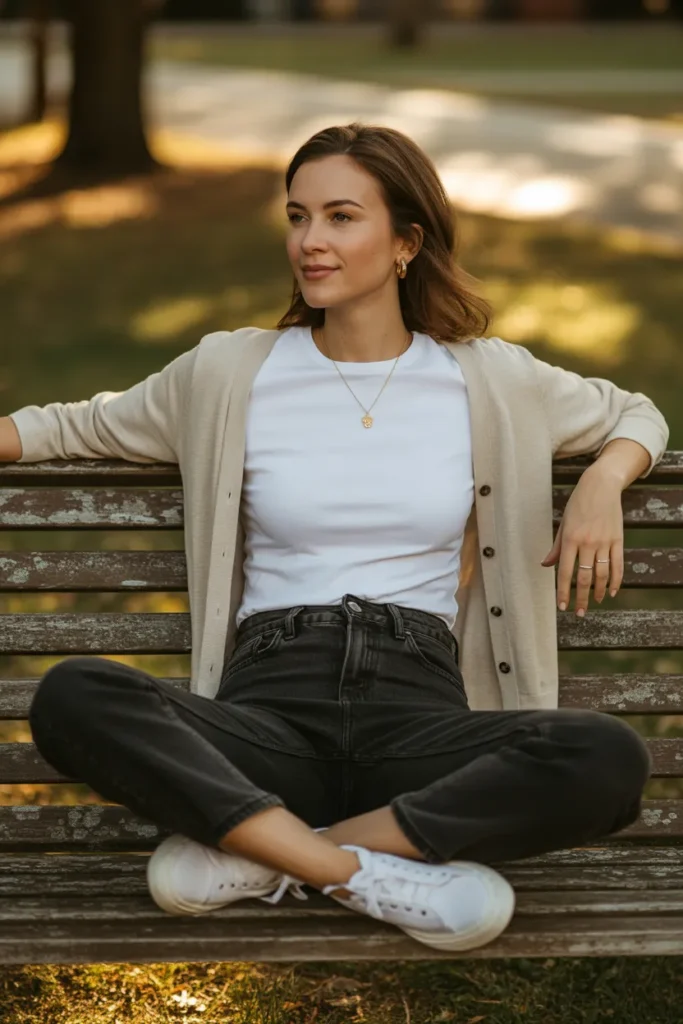 Casual effortless date night outfit with white tee cardigan and jeans capsule wardrobe