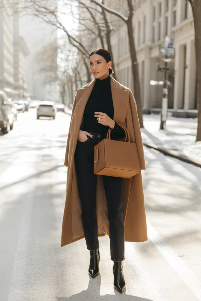 Chic winter weekend outfit with camel wool coat, turtleneck and pointed boots