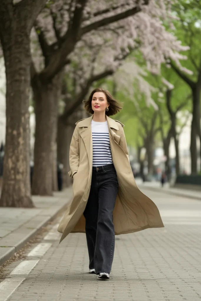 Classic beige trench coat layered over a striped top and jeans — spring capsule wardrobe layering 2026