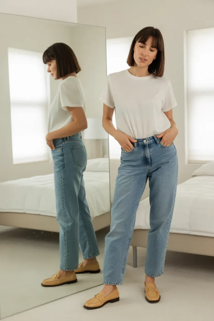 Classic mid-wash straight-leg jeans outfit styled with white tee and tan loafers — best capsule wardrobe jeans for everyday wear