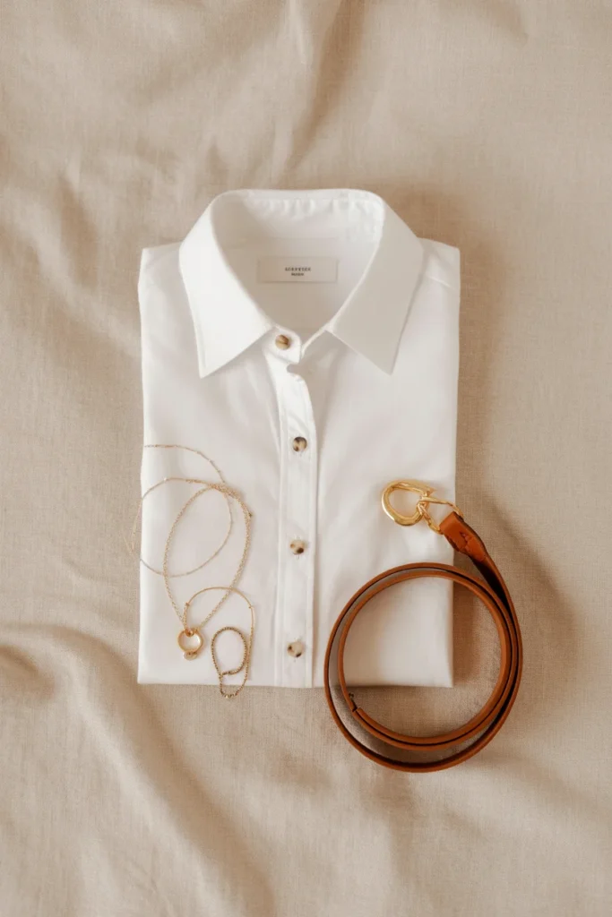 Classic white button-down shirt flat lay — wardrobe essentials for women