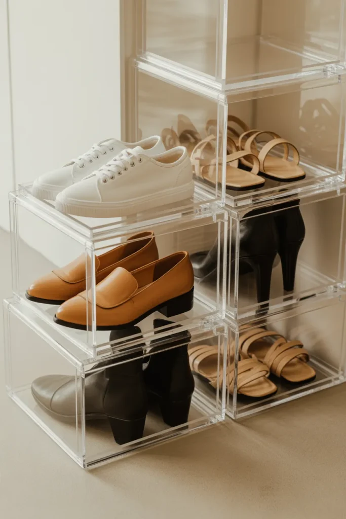 Clear shoe boxes storing capsule wardrobe shoes for small closet organization