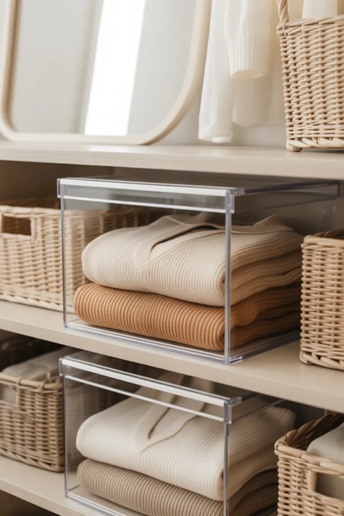 Clear stackable bins on closet top shelf for small closet organization ideas