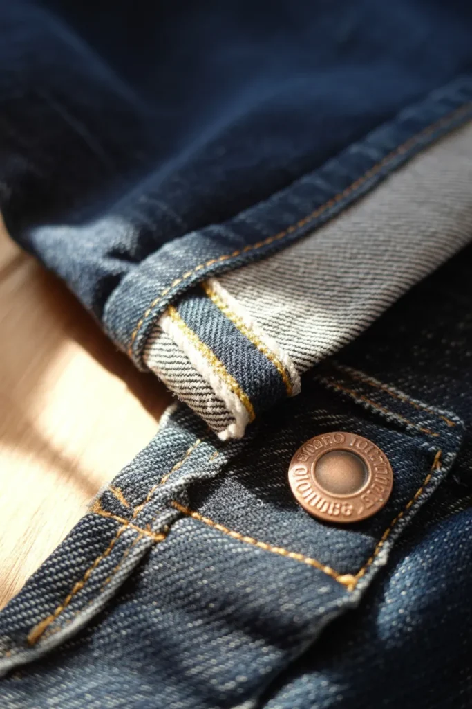 Close-up of quality denim details including stitching and copper rivet — how to identify best investment jeans for a capsule wardrobe