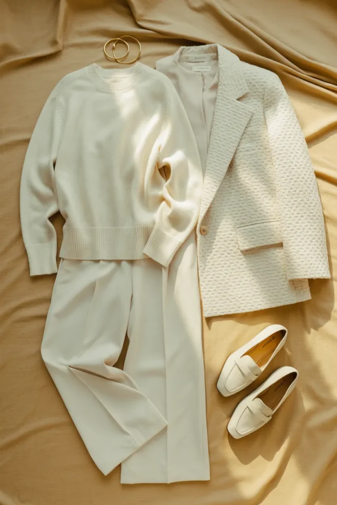 Cloud Dancer Pantone 2026 capsule wardrobe outfit with cream knit, ivory trousers, boucle blazer, and loafer.