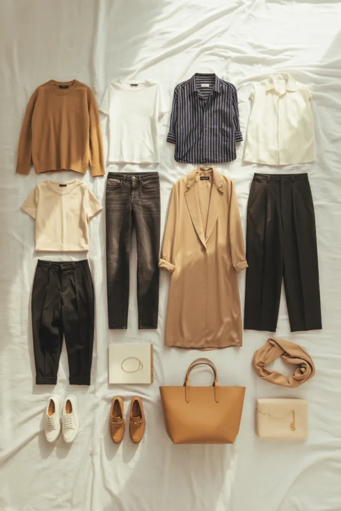 Complete 12-piece travel capsule wardrobe flat lay with neutral pieces for carry-on travel
