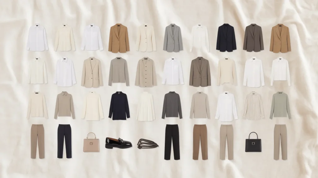Complete capsule wardrobe flat lay showing 30 essential clothing pieces and accessories in a cohesive color palette